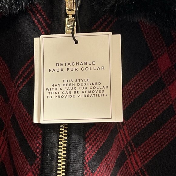 Anne Klein Sweater Jacket M Red Plaid Black Faux Fur Collar Full Zip Cardigan - Picture 5 of 13